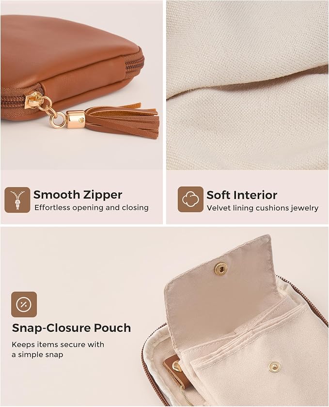 Lolalet Travel Jewelry Case Organizer, Soft Jewellery Pouch -Brown | Storage Bag for Traveling Women, with Multi Compartments for Packing Necklaces, Earrings, Bracelets