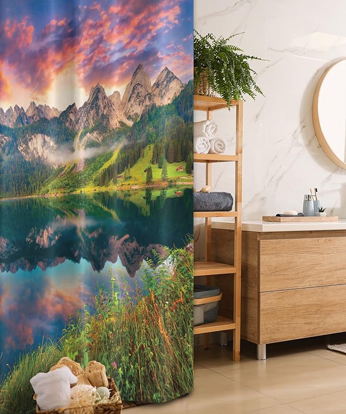 Ambesonne Landscape Stall Shower Curtain, Summer Sunrise on Vorderer Gosausee Lake in The Austrian Alp Mountains, Fabric Bathroom Decor Set with Hooks, 36" W x 72" L, Pink Green