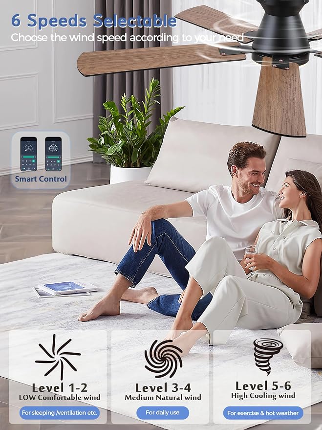 Ceiling Fans with Lights, 52 inch Low Profile Ceiling Fan with Light and Remote/APP Control, Dimmable, Quiet DC Motor, Flush Mount Ceiling Fan for Bedroom Living Room, Indoor/Outdoor Use, Black