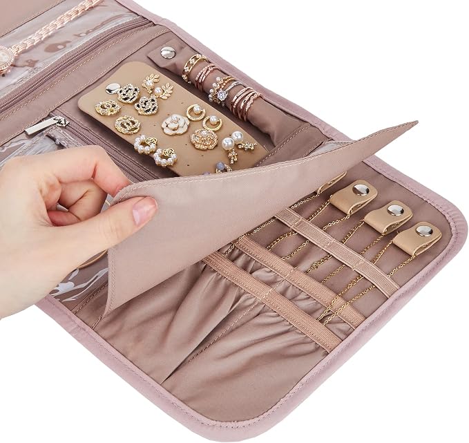 BELALIFE Travel Jewelry Case, Jewelry Organizer Roll for Accessories | Bag with foldable roll design for earrings, necklaces, rings, bracelets and brooches,Pink