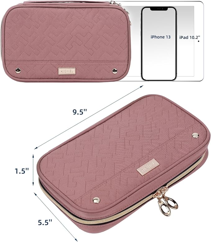 NISHEL Travel Jewelry Case Organizer, Tangle-Free Necklace Storage Bag | Stores rings, earrings, bracelets and watches in a compact case for travel and daily use, Rosewood-Pink, Medium