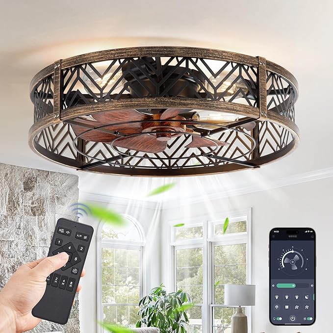 LEDIARY 23" Caged Ceiling Fan with Light, Large Flush Mount, App&Remote Control, Low Profile Bladeless Fan Light Fixture 6 Speed, Reversible and Quiet Motor-Black Gold