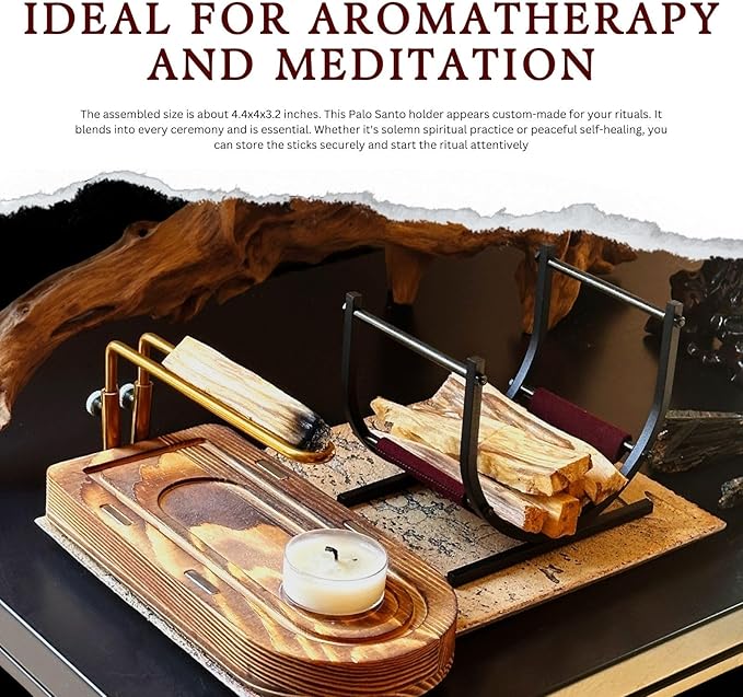 3-in-1 Palo Santo Holder & Burner – Wooden Base Sage Holder with Metal Frame for Palo Santo Sticks, Aromatherapy, Meditation & Smudging Rituals (3 in 1)