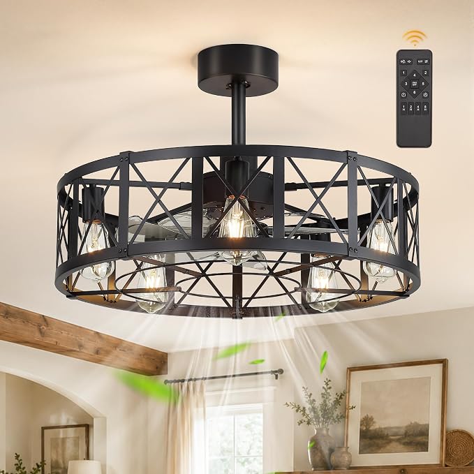 Fanbulous 26 Inch Fandelier Caged Ceiling Fans with Lights and Remote, Black Bladeless Ceiling Fan with 6 Speeds and Timing, Farmhouse Samll Fan Lights Ceiling Fixtures for Kitchen, Bedroom-Black