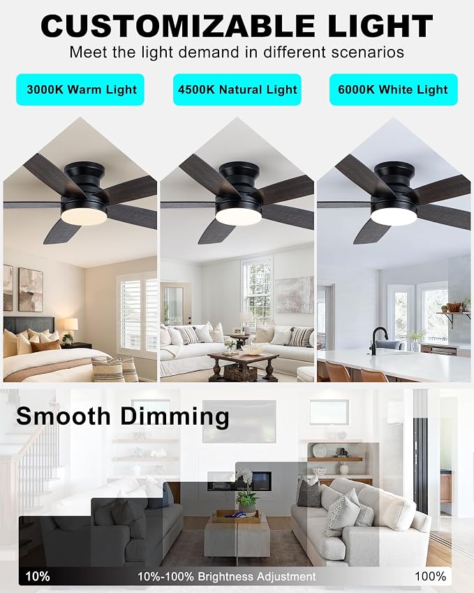 Coolwind 48in Flush Mount Ceiling Fan with Light, Display Remote/APP Control, Black Modern Silent Low Profile Ceiling Fan, 8 Speeds, Dimmable, 3CCT, DC Reversible Motor for Bedroom, Living Room