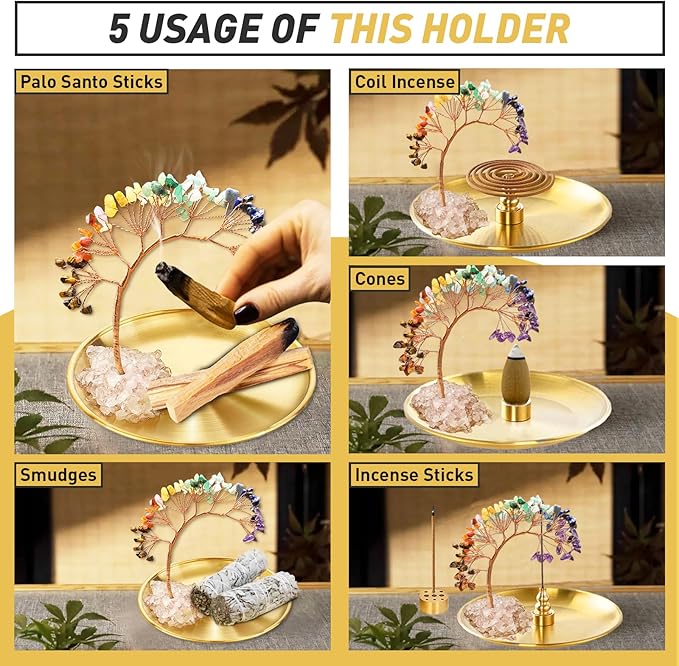 Crystal Tree Palo Santo Holder, 7 Chakra Incense Holder, Brass Incense Holder 5.5 inches, 6 in 1 Ash Catcher for Incense Sticks/Coil Incense/Sage/Incense Cones Yoga Meditation Room Home Décor