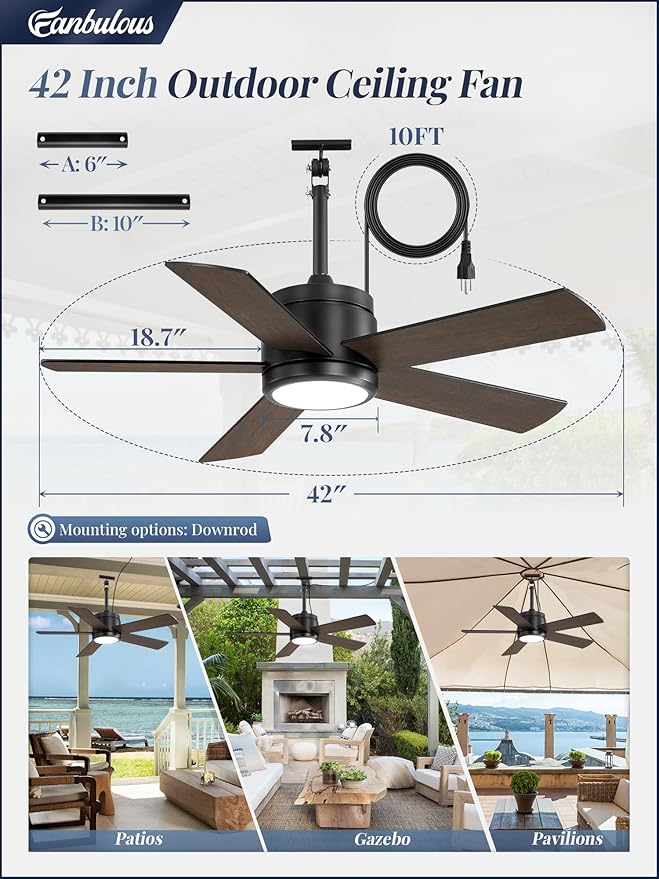 Fanbulous 42" Outdoor Ceiling Fan with Light and Remote, IP65 Waterproof, Plug-in Design with 10FT Cord, 6-Speeds, 3CCT, Hook Hanging Fan for Gazebo Patio Porch Garage Canopy(Black)