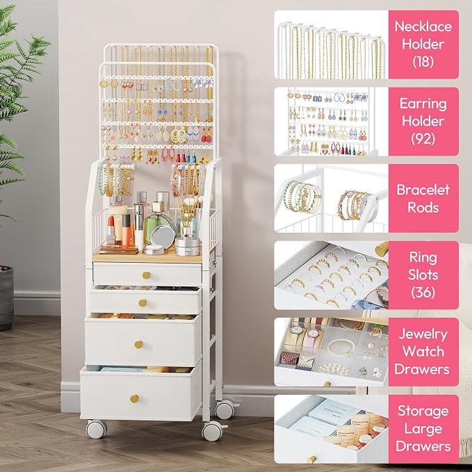 SWTYMIKI Jewelry Organizers and Storage- Multifunctional Stand Jewelry Organizer Cabinet for Necklace, Earring, Ring & Bracelet - Jewelry Box Necklace Holder with 4 Nonwoven Drawers & Wheel White