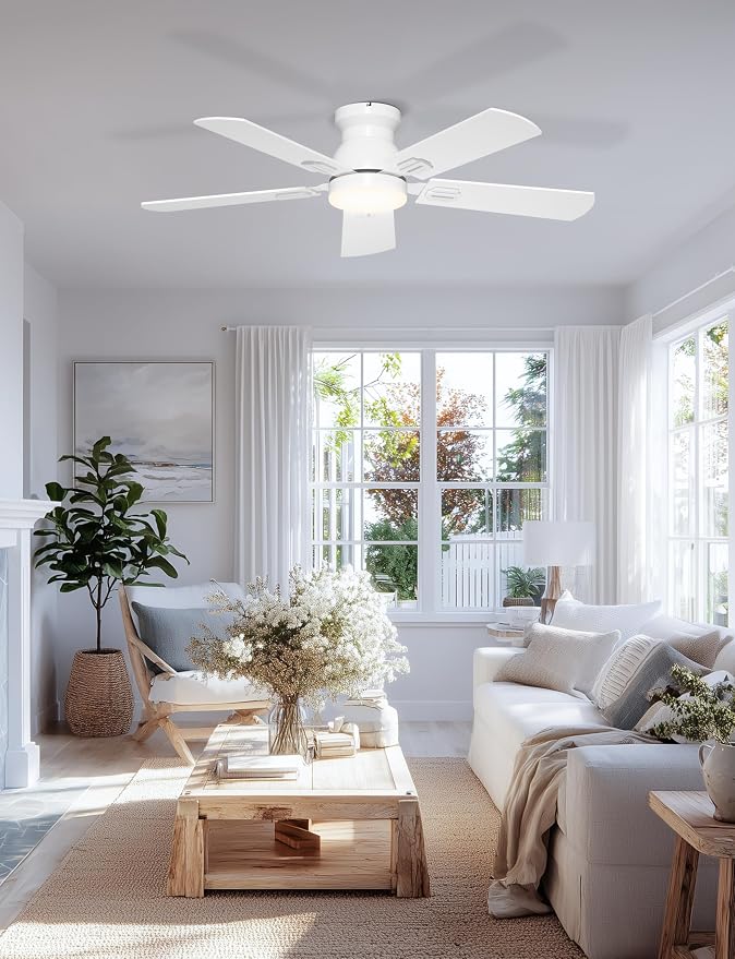 42'' White Flush Mount Ceiling Fans with Lights for Nursery Room | App/Remote Control, Low Profile, Space-Saving, Quiet DC Motor, 3CCT Dimmable, 6 Speeds Modern Overhead Fan for Low Ceilings