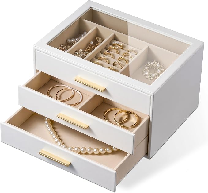 pickpiff Jewelry Box Organizer Case for Women: 3-Layer Jewelry Storage Case with Glass Window, Pure White Leather with Velvet Holder for Ring Necklace Bracelet Brooch Watch, Great Gift for Her