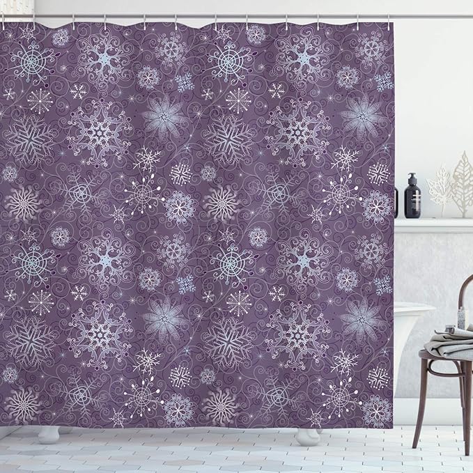 Ambesonne Eggplant Shower Curtain, Christmas Inspired Flowers Snowflakes and Swirls in a Violet Delicate Environment, Cloth Fabric Bathroom Decor Set with Hooks, 69" W x 70" L, Violet