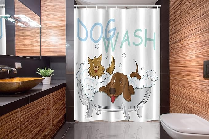 Ambesonne Cartoon Stall Shower Curtain, Playful Dogs in a Bathtub Grooming Each Other Pets Theme Illustration, Fabric Bathroom Decor Set with Hooks, 54" W x 78" L, Brown White