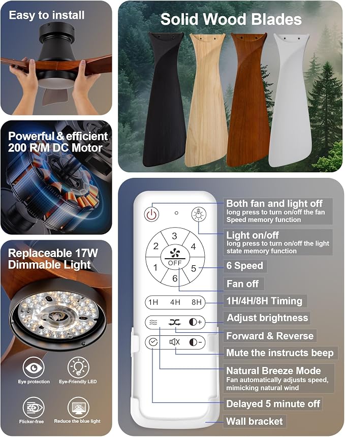 52 Inch Ceiling Fan with Lights, Remote Control, Flush Mount, Dimmable, Reversible, Wood Blades, Power-Off Memory, Quiet DC Motor, Modern Hugger Ceiling Fan for Living Room, Bedroom, Patio