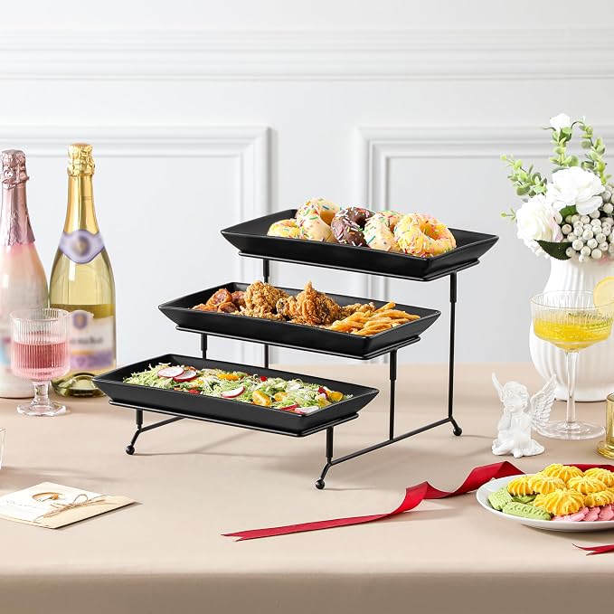 MALACASA 3 Tier Serving Tray, Porcelain Tiered Serving Trays Platters, 12 Inch Serving Stand with Platters,Black Dessert Stand with Collapsible Sturdier Metal Rack,Series PLAT | Tiered Serving Stand for Party, Fruit Tray, Trays for Serving Food, Desser...