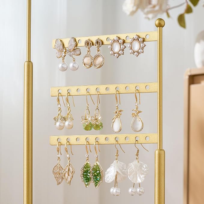 pickpiff Jewelry Organizer Holder Stand: 3 Tier Jewelry Storage Display for Necklace, Bracelet, Earring, Ring, White & Gold
