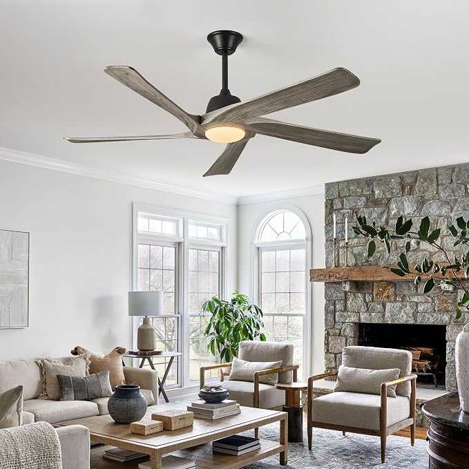 60" Solid Wood Ceiling Fan with Lights, Remote and APP Control, 3-color Dimmable LED, 6-speed Reversible, Modern Ceiling Fans for Bedroom, Living Room, Outdoor/Indoor, Greywood