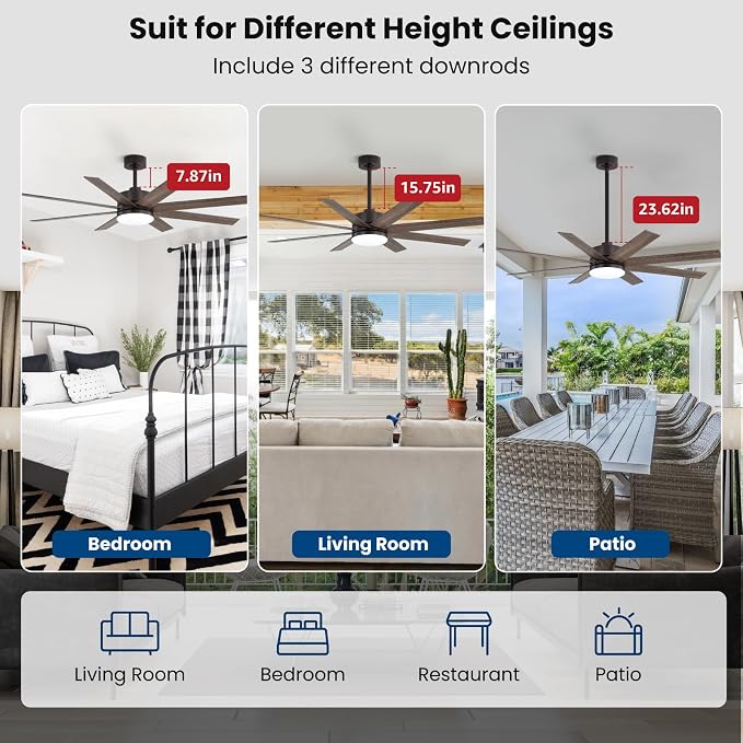 60 Inch Ceiling Fans with Lights and Remote, Dual Color 6 Blades, Bedroom Living Room Office Library Cafe Outdoor Industrial, 3CCT Dimmable, 6 Speed Reversible Quiet DC Motor, Brown/Wood Grain