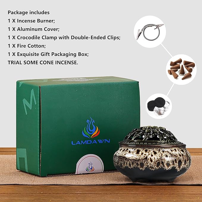 Incense Burner with Calabash Incense Stick Holder - Porcelain Charcoal Censer for Use with Resin Granular Powder Cone or Coil Incense (Fambe Gray)
