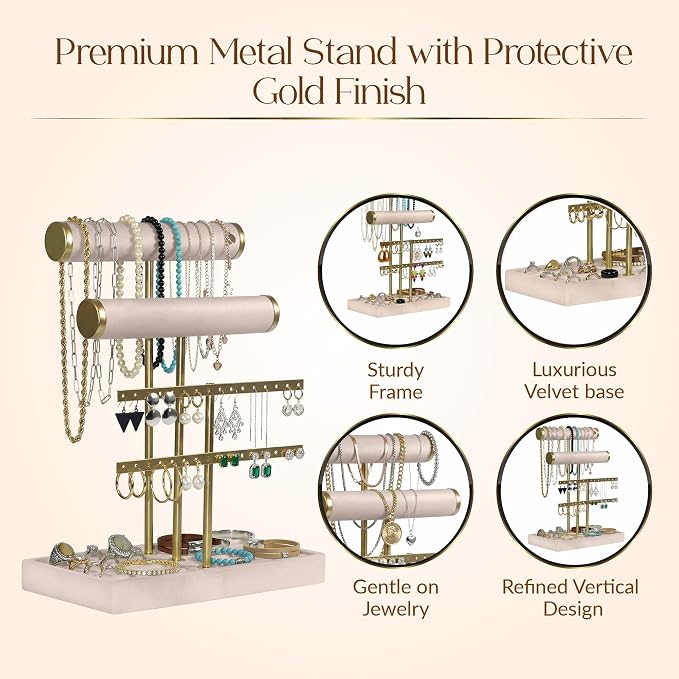 Jewelry Tower Stand Organizer for Women - Soft Touch Velvet Elegant Jewelry Holder Display with Necklace Holder, Earring Organizer & Bracelet Rack - Tabletop Stand for Dresser, Vanity, Desk - Beige