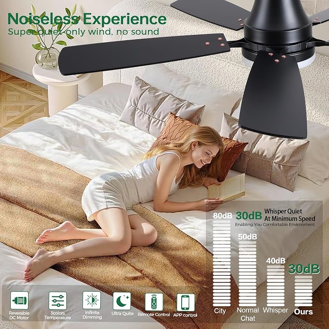 Ceiling Fans with Lights, 48 Inch Ceiling Fan with Light And Remote/APP,Low Profile Ceiling Fan with Light,DC Reversible,6 Speed Noiseless LED Ceiling Fan,Brown Small Ceiling Fan for Bedroom