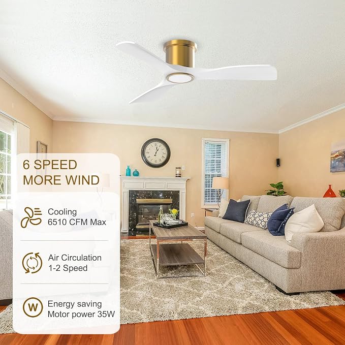 OFANTOP 52 Inch White Gold Flush Mount Smart Ceiling Fan with Light Remote | Whisper-Quiet & Powerful Airflow, 3-Color Dimmable LED with Memory, Reversible Motor, Timer, for Bedroom Living Room