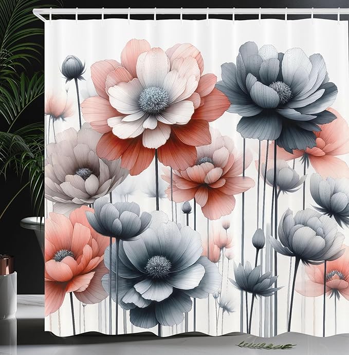 Ambesonne Floral Shower Curtain, Cold Pastel Tones Bloomed Flowers Paint a Winter Call Theme Illustration, Cloth Fabric Bathroom Decor Set with Hooks, 69" W x 84" L, Blue Grey Pale Salmon
