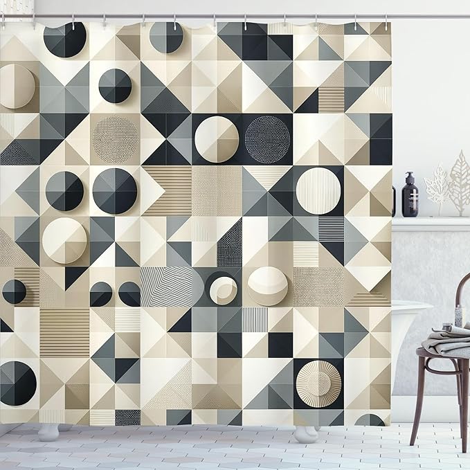Ambesonne Neutral Shower Curtain, Geometric Style Mosaic Look Squares and Circles Stripes Polygonal Art, Cloth Fabric Bathroom Decor Set with Hooks, 69" W x 70" L, Beige Dark Slate Blue