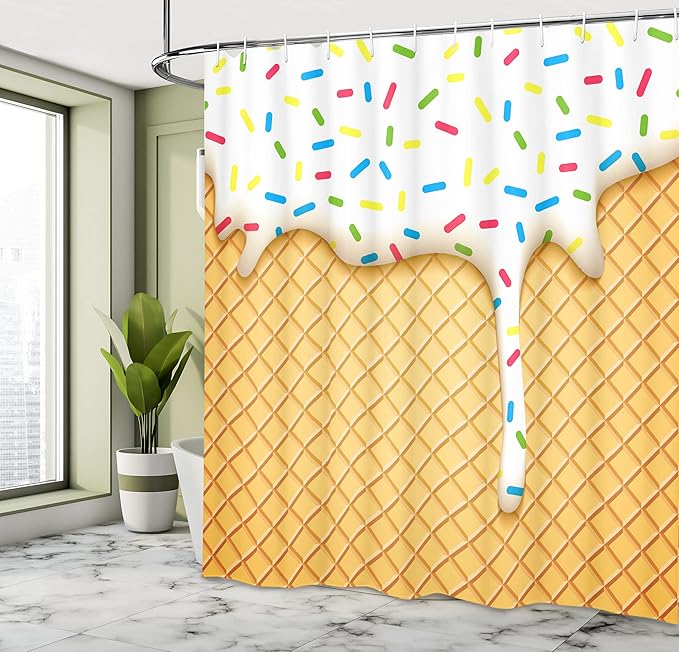 Ambesonne Food Shower Curtain, Cartoon Like Image of and Melting Ice Cream Cones Colored Sprinkles Print, Cloth Fabric Bathroom Decor Set with Hooks, 69" W x 70" L, Multicolor Mustard