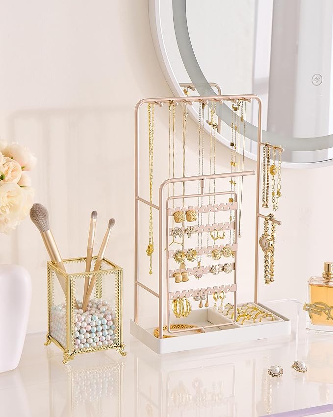 ProCase Jewelry Stand Holder Organizer and Storage, Champagne (No-Assembly) | Rotating Earring Bracelet Holder Storage, Hanging Jewelry Display Velvet Ring Tray, Teen Girls Birthday Gifts Room Dorm Decor