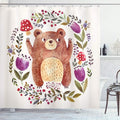 Ambesonne Watercolor Flower Shower Curtain, Illustration of Happy Little Bear in Frame of Flowers Mushrooms Wreath, Cloth Fabric Bathroom Decor Set with Hooks, 69" W x 84" L, Purple Green