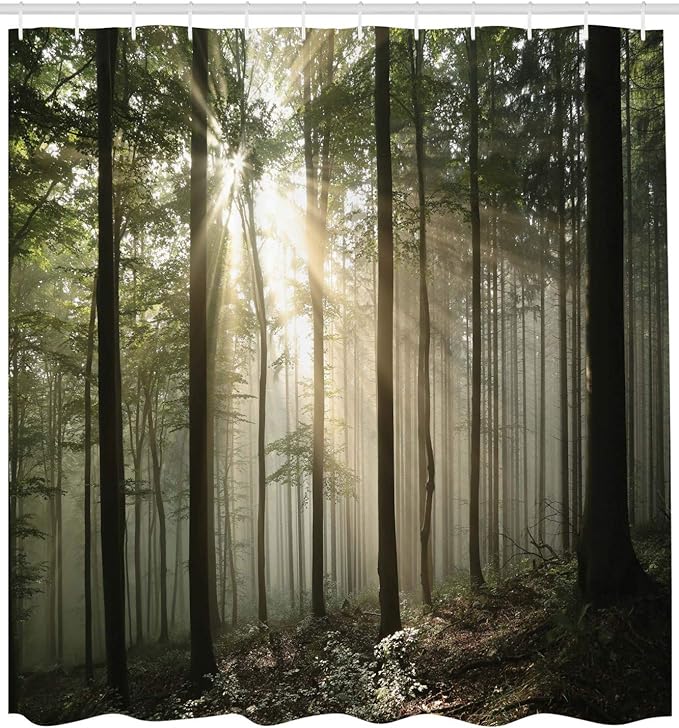 Ambesonne Forest Shower Curtain, Sunrise in The Early Autumn Season of a Deciduous Forest with Wild Woodland Seasonal Picture Style, Cloth Fabric Bathroom Set with Hooks, 69" W x 75" L, Black Green