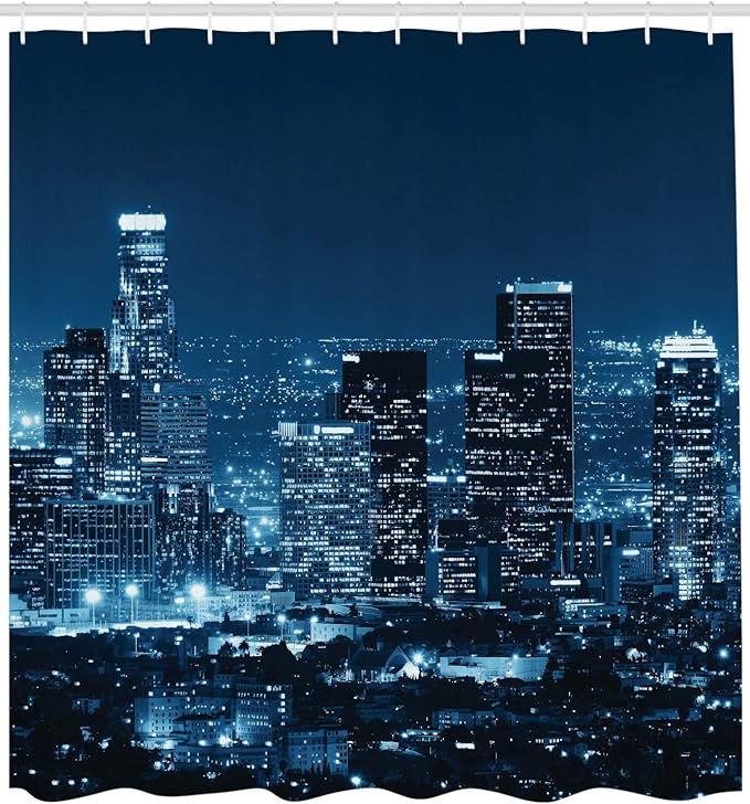 Ambesonne USA Shower Curtain, Los Angeles City Buildings at Night Monochromic Photo Scenery Town Dusk Scenic View, Cloth Fabric Bathroom Decor Set with Hooks, 69" W x 70" L, Night Blue