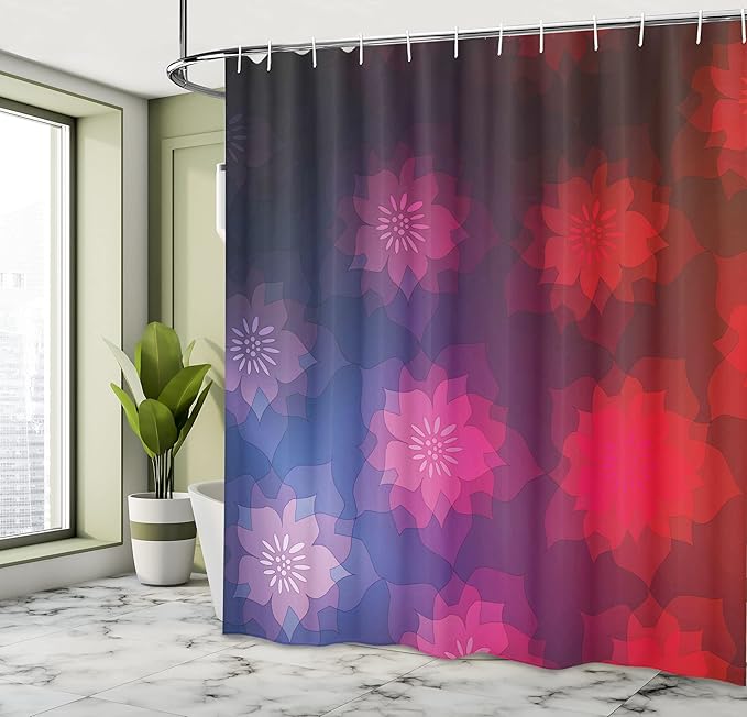 Ambesonne Abstract Shower Curtain, Rainbow Colored Ombre Design with Floral Flower Detailed Image, Cloth Fabric Bathroom Decor Set with Hooks, 69" W x 84" L, Pink Purple