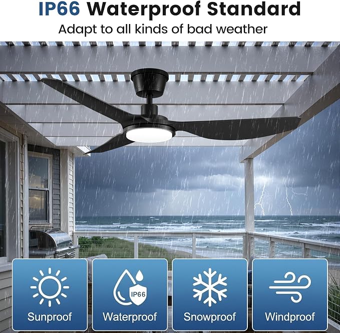 Newday 52 Inch IP66 Waterproof Outdoor Ceiling Fan with Lights, Heavy Duty Weatherproof Gazebo Fan with Remote, 3CCT Dimmable LED, 9000CFM Quiet DC Motor for Patio, Porch, Pergola, Black