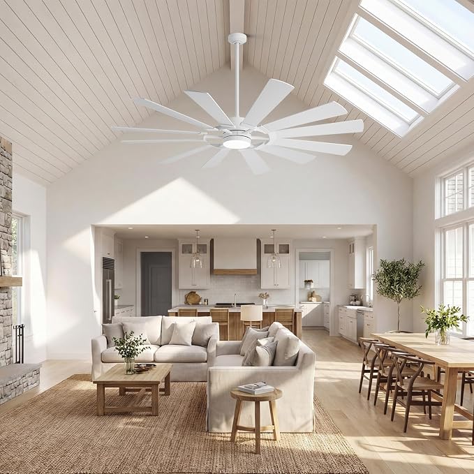 72'' White Outdoor Ceiling Fan with Light,12 Dual-Finish Wind Mill Blades, 3 Downrods, Reversible Motor, High Airflow, Indoor Outdoor Modern Farmhouse Fan for High Space Patio Commercial Shop Barn