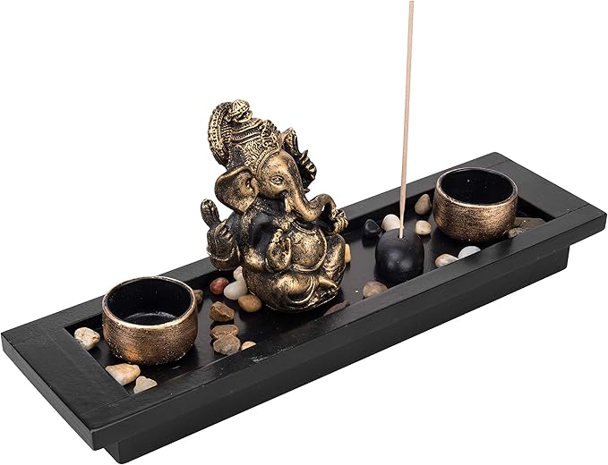 MyGift Mini Zen Garden with Ganesh Statue, Incense Stick Burner, Tealight Candle Holders, Decorative Rocks and Display Tray