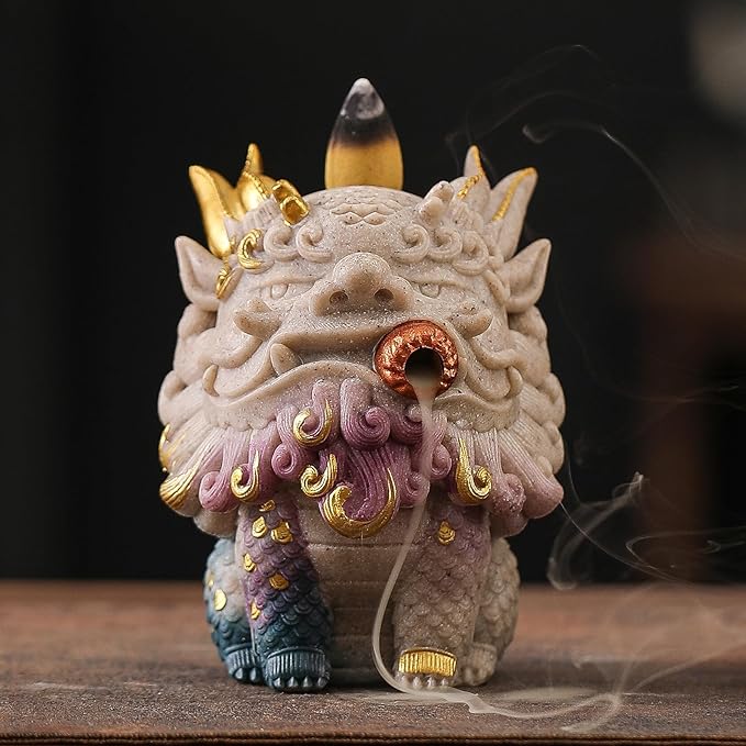 Backflow Incense Burner - Resin Tabletop Incense Holder for Cones, Fortune Dragon Statue Home Decor, Desktop Aromatherapy Ornament with Smoke Waterfall Effect for Living Room