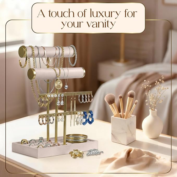 Jewelry Tower Stand Organizer for Women - Soft Touch Velvet Elegant Jewelry Holder Display with Necklace Holder, Earring Organizer & Bracelet Rack - Tabletop Stand for Dresser, Vanity, Desk - Beige