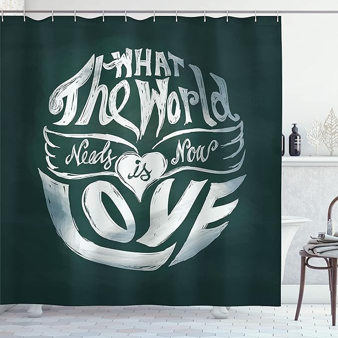 Ambesonne Saying Shower Curtain, What The World Needs Now is Love Lettering Art in Circle Typography Hippie Art, Cloth Fabric Bathroom Decor Set with Hooks, 69" W x 70" L, Emerald White