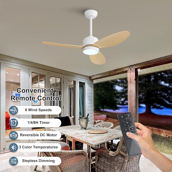 WINGBO 42" Outdoor Ceiling Fans with Lights, Wet Rated Waterproof Indoor Ceiling Fan with Remote, 3 ABS Blades Modern Ceiling Fan,Quiet 6-Speed DC Motor, for Porch Patios Bathroom, White+Light Wood