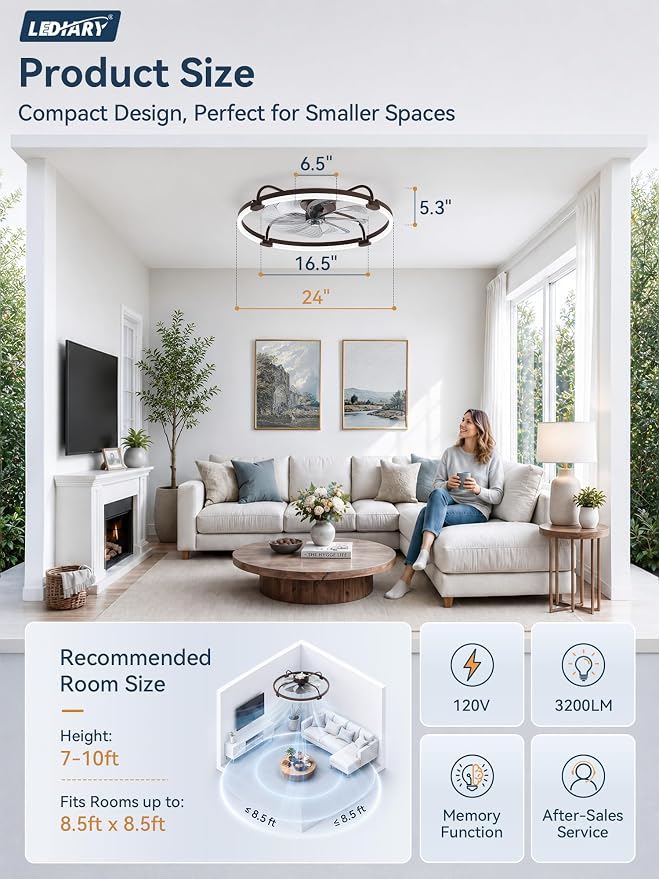 LEDIARY Ceiling Fans with Lights and Remote, Low Profile fan Light, Brown | 24 Inch 3000K-6000K Stepless Dimmable Fandelier, Reversible DC Motor, Remote and APP Control, Bedroom Kitchen Living Room