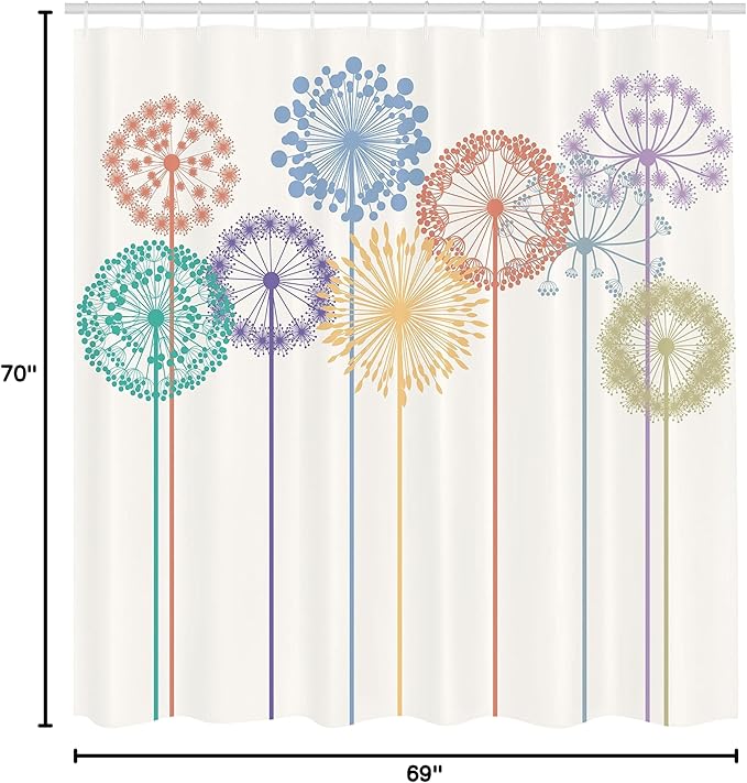 Ambesonne Floral Shower Curtain, Flower Inspired Artwork Colorful Dandelions on White Background Illustration Print, Cloth Fabric Bathroom Decor Set with Hooks, 69" W x 70" L, Dark Seafoam