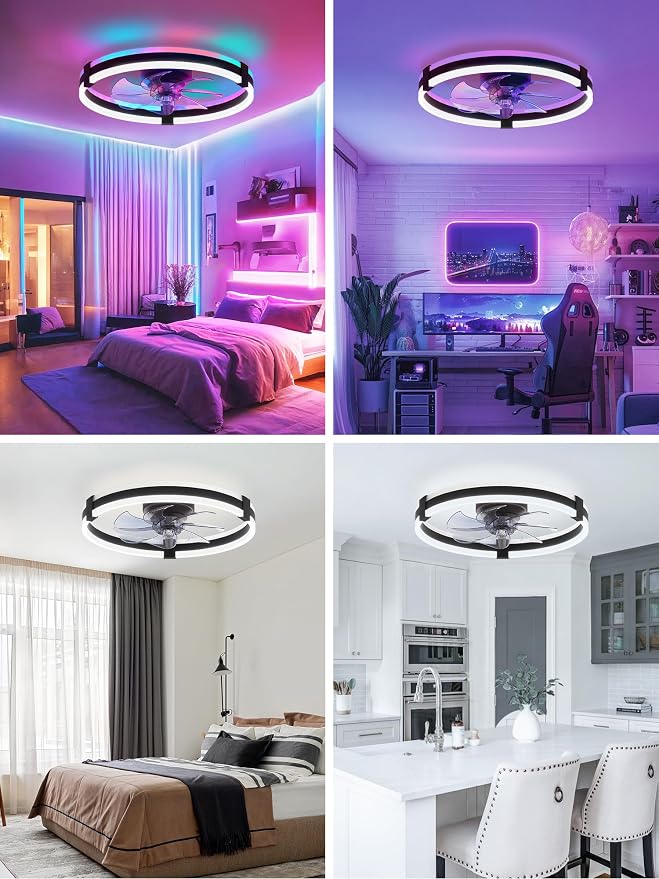 ZMISHIBO RGB Ceiling Fans with Lights and Remote, 20 inch Low Profile Ceiling Fan with Light, 3000K-6000K Dimmable & RGB, Modern Fandelier Flush Mount Ceiling Fan, Small LED Fan for Bedroom