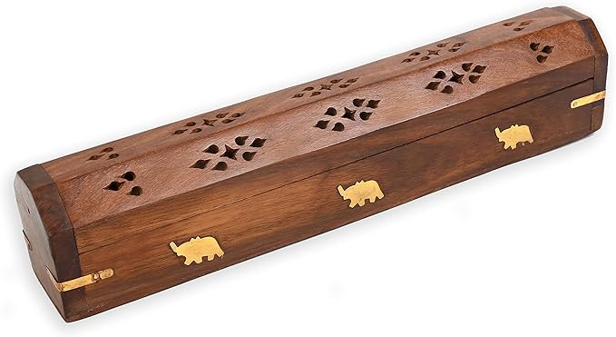 Incense Garden Pack of 2 Incense Stick Holder - Coffin Style - Wood Incense Stick Burner with Elephant Inlays (Natural) Handmade with Brass Inlays