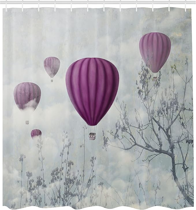 Ambesonne Fantasy Shower Curtain, Hot Air Balloons in The Clouds Dream Journey to Secret Paradise Romantic Design, Cloth Fabric Bathroom Decor Set with Hooks, 69" W x 70" L, Purple White