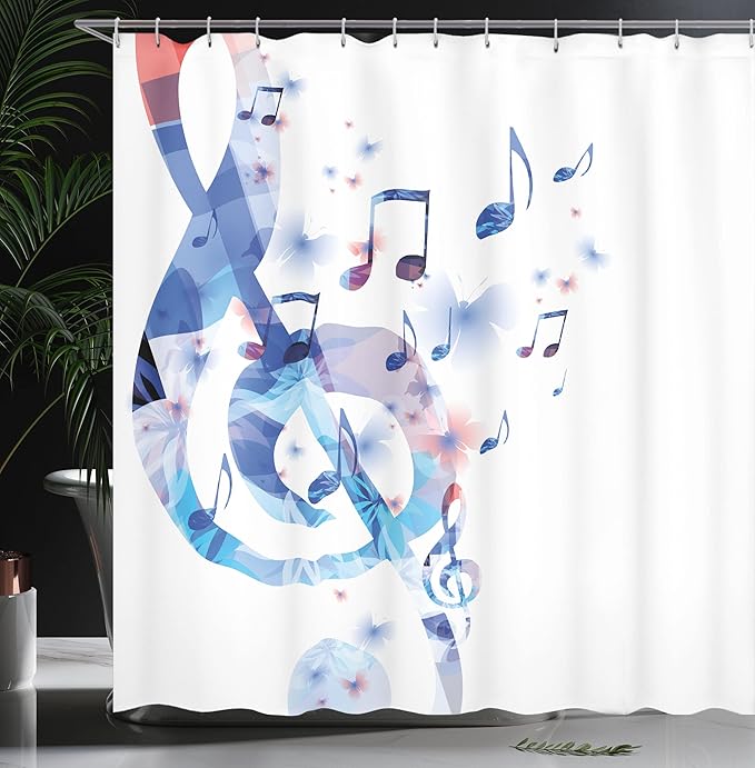 Ambesonne Music Shower Curtain, G-Clef Key Instrument Creative Rhythmic Ornate Motifs Digital Design Print, Cloth Fabric Bathroom Decor Set with Hooks, 69" W x 70" L, Ceil Blue