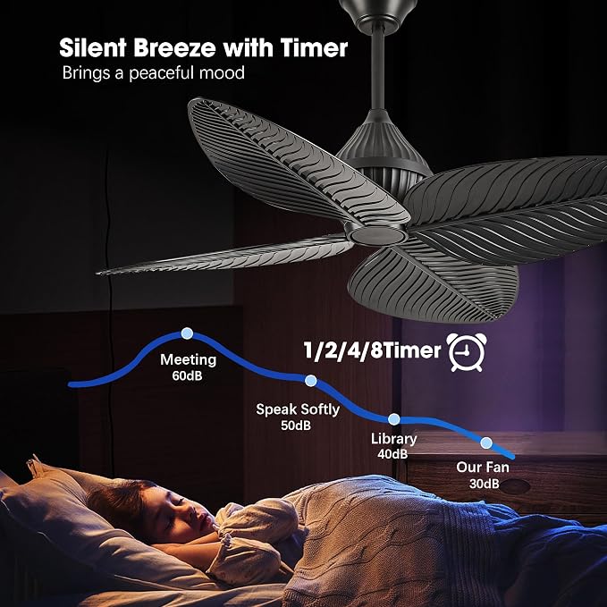 52" Black Tropical Ceiling Fans, Flush Mount Palm Leaf Ceiling Fan no Light, Indoor Ceiling Fans Without Light for Living Room Bedroom Kitchen Covered Gazebo, APP and Remote Control