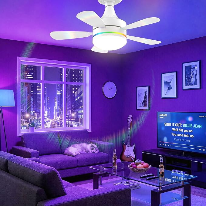 Socket Ceiling Fan with Light, E26 Base 17.5in - 3000LM Ultra Bright, Dimmable 3000K-6500K & RBG, 6 Speeds with Remote, Reversible Motor for Bedroom, Living Room, Kitchen