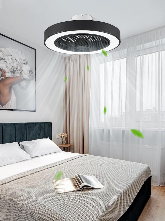 LEDIARY 22in Enclosed Ceiling Fans with Lighst and Remote, Black Modern Bladeless Ceiling Fan with Bright Light, Led Flush Mount Ceiling Fan for Bedroom, Living Room, Kid Room(6 Speeds, 3000-6000K)