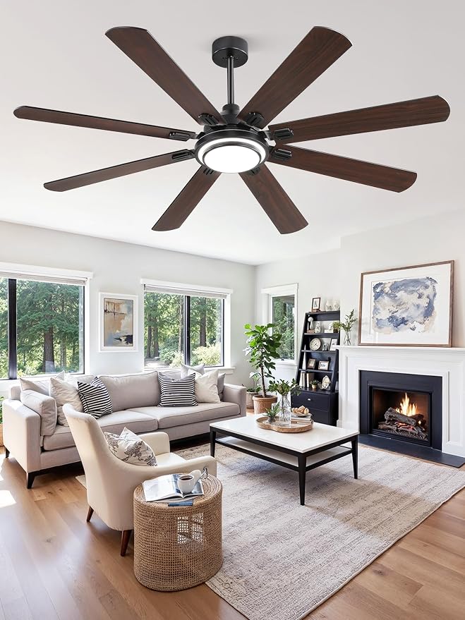 Fanbulous 65 Inch Ceiling Fans with Lights and Remote, Black Ceiling Fan with 8 Dual-Color Blades, Indoor/Outdoor Large Ceiling Fans, Reversible DC Motor, 6-Speed, 3CCT for Living Room Kitchen Patio